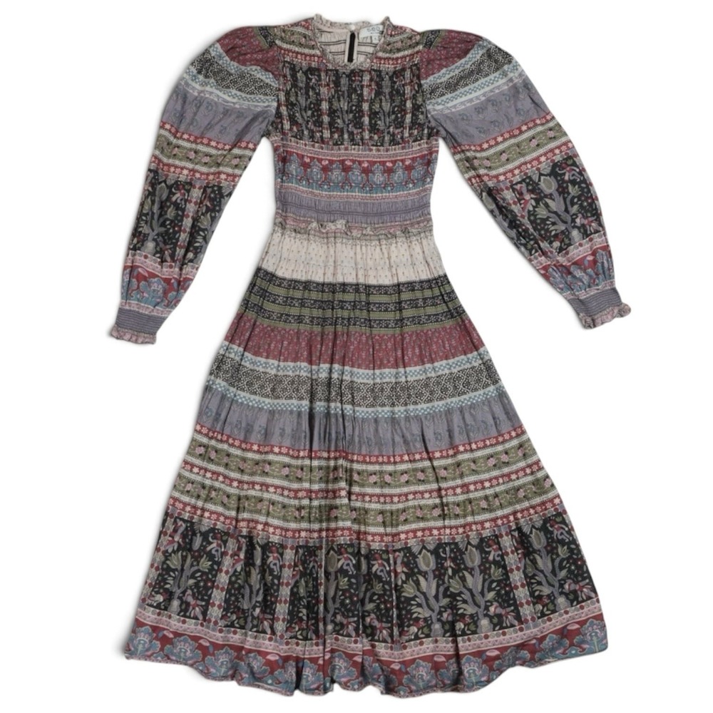 Sea New York Brooke Border Print Smocked Cotton Midi Dress Size 0